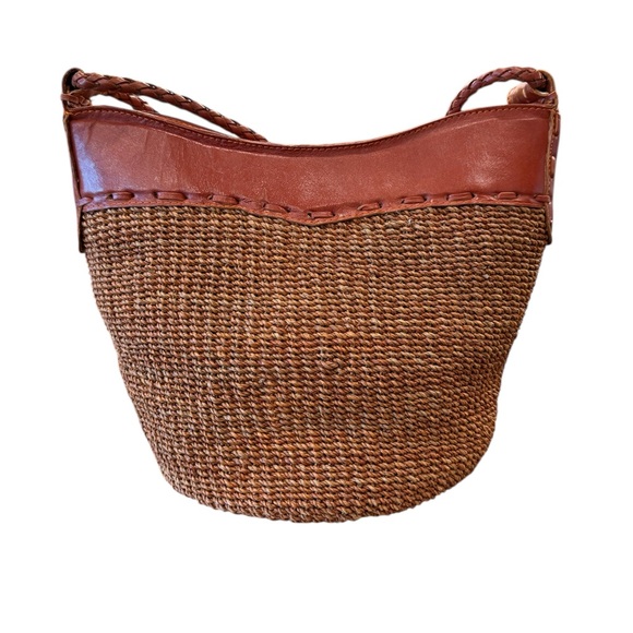 🔴Handmade Vintage Bucket Bag, Leather and Woven Sisal, Made in Indonesia - Picture 2 of 10